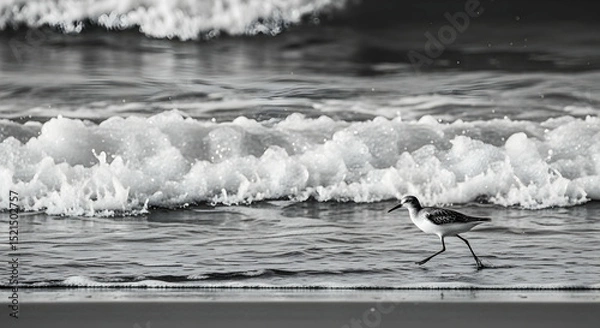Fototapeta Monochrome Scene Of Shorebird Strolling Along Ocean's Edge Against Waves