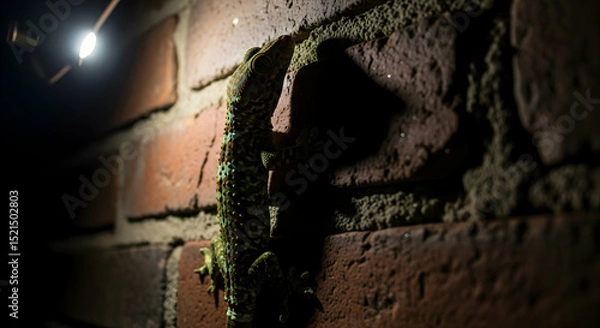 Fototapeta Gecko Climbing a Brick Wall Illuminated by a Dim Light Source