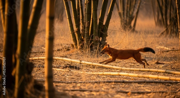 Fototapeta Indian Wild Dog Running Through Bamboo Forest At Golden Hour Light