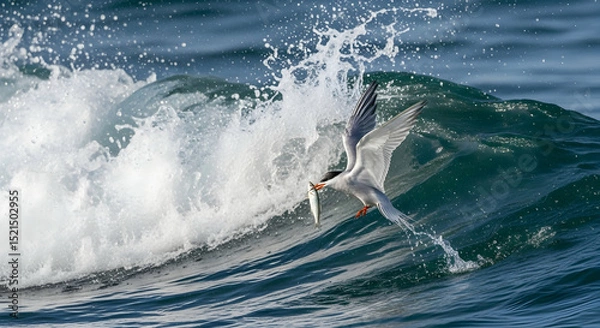 Fototapeta Arctic Tern With Fish Flying over Splashing Wave in the Blue Ocean