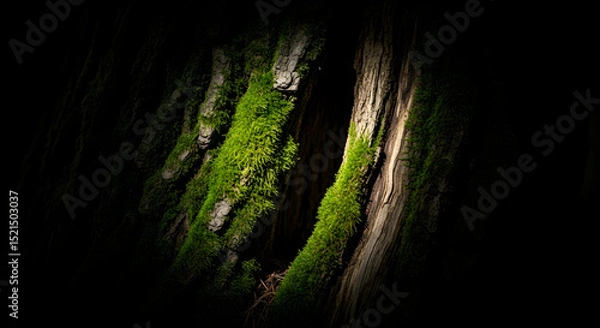 Obraz Sunlit Moss Draped Over Ancient Bark Creates a Mystical Forest Ambiance