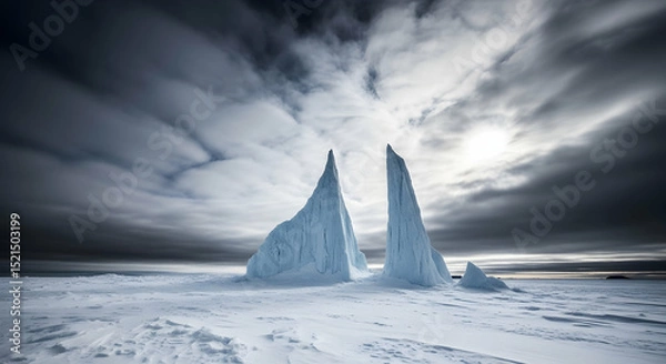Fototapeta Majestic Icebergs Piercing Through Frozen Expanse Under Dramatic Sky
