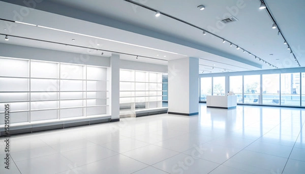 Fototapeta interior of mall or store with empty display shelf cabinets in cool white color tone