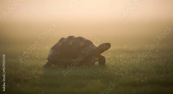 Obraz Tortoise Strolling Through Dewy Grass In Early Morning Light