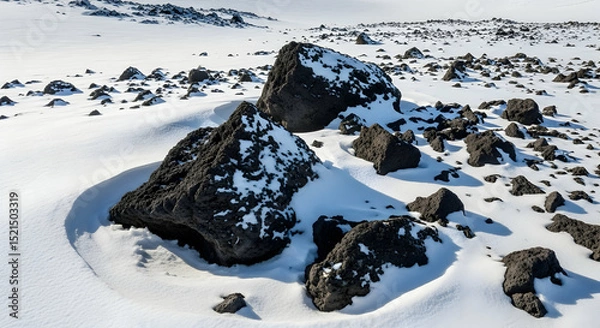 Obraz Contrasting Winter Scene Black Lava Rocks Embedded In Pure White Snow Landscape