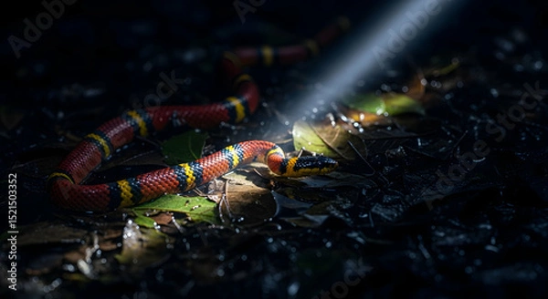 Fototapeta Elegant Coral Snake Coiled Under Forest Light On Wet Leaves