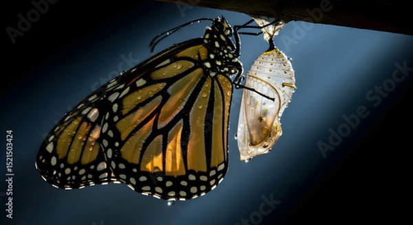 Fototapeta Newly Emerged Monarch Butterfly beside its Chrysalis Pupa Hanging On Branch