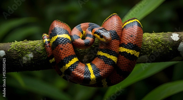 Obraz Striking Scarlet Kingsnake Resting Coiled on Mossy Branch in Verdant Rainforest