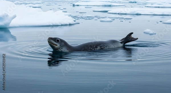 Obraz Leopard Seal Relaxing In The Frigid Waters Of Antarctica Near Icebergs