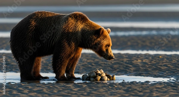 Obraz Magnificent Coastal Brown Bear Foraging For Shellfish at Sunset