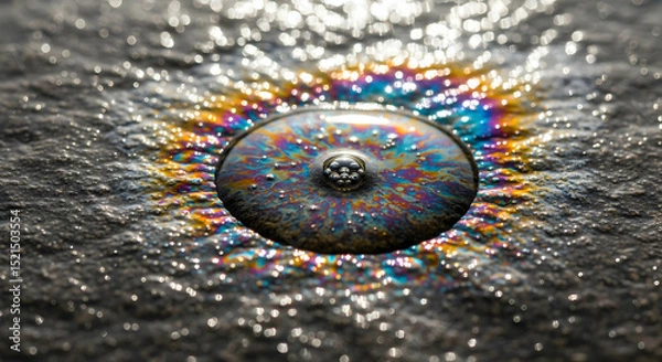 Fototapeta Iridescent Oil Slick On Wet Asphalt After Rainfall Creates Colorful Abstract
