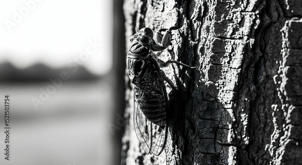 Obraz Empty Cicada Shell Clinging Tightly To The Rough Surface Of A Tree