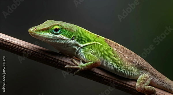 Obraz Emerald Jewel Resting: A Green Anole Portrait on Delicate Branch