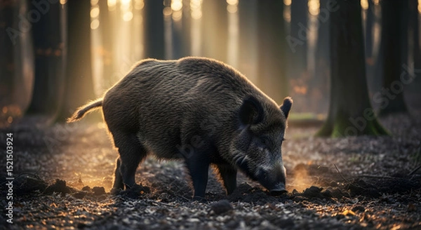 Obraz Wild Boar In The Mystical Forest Foraging In The Forest Floor