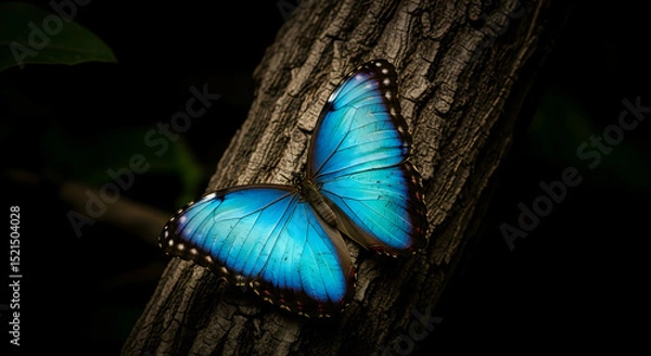 Fototapeta Majestic Morpho Butterfly Displaying On A Rough Textured Tree Trunk