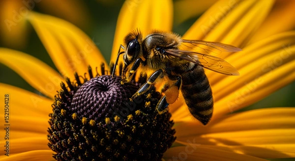 Obraz Honeybee Pollinating Black Eyed Susan Flower In Summertime Garden