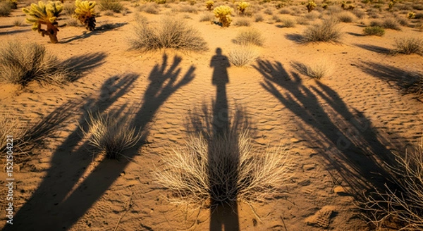 Obraz Solitary Figure Casting Shadows In Arid Desert Landscape At Sunset