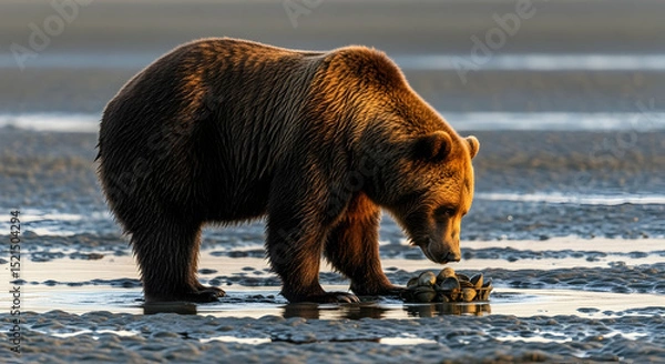 Obraz Grizzly Bear Searching for Food Near Ocean Shoreline at Sunset