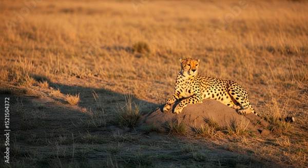 Obraz Elegant Cheetah Resting on a Mound in the African Savannah at Sunset