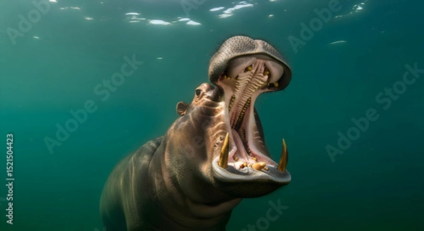 Obraz Underwater Encounter With A Yawning Hippopotamus In Murky River Water