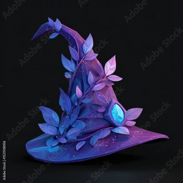 Fototapeta Fantasy witch hats with glowing blue crystals and magical leaves, vibrant purple and blue palette, ideal for game or book design