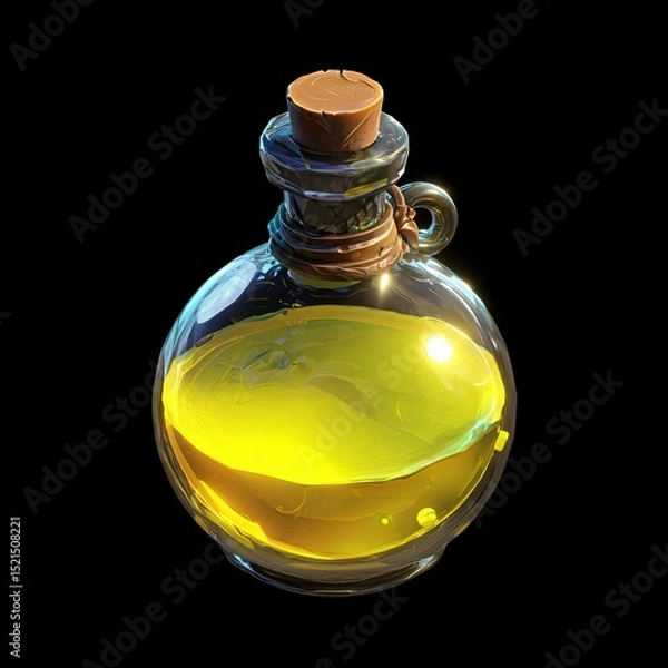 Fototapeta Glossy glass potion bottle filled with vibrant yellow liquid, warm highlights, dark background, perfect for game or fantasy projects