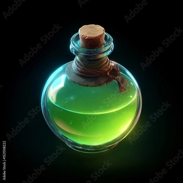 Fototapeta Glossy glass potion bottle filled with vibrant green liquid, warm highlights, dark background, perfect for game or fantasy projects