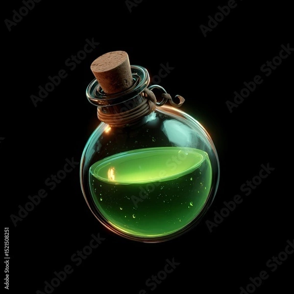 Fototapeta Glossy glass potion bottle filled with vibrant green liquid, warm highlights, dark background, perfect for game or fantasy projects
