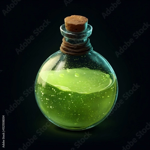 Fototapeta Glossy glass potion bottle filled with vibrant green liquid, warm highlights, dark background, perfect for game or fantasy projects