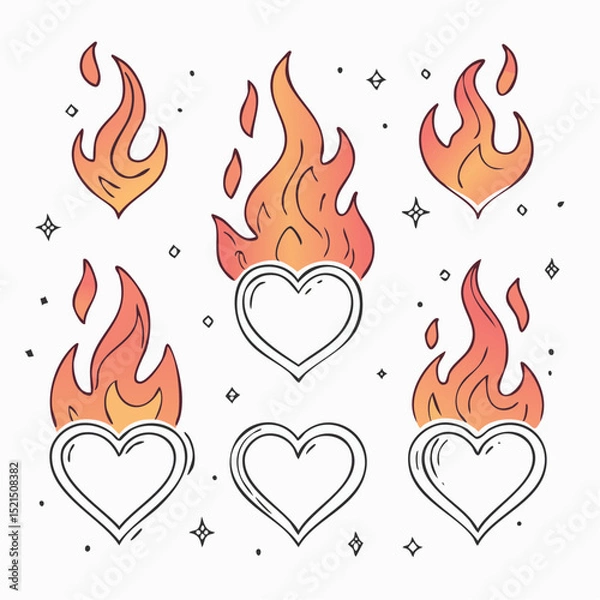 Obraz Vector minimal line illustrations set - trendy abstract aesthetic y2k hearts and flames, minimal tattoo compositions