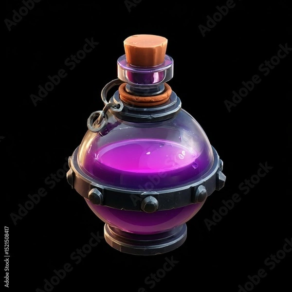 Fototapeta Glossy glass potion bottle filled with vibrant purple liquid, warm highlights, dark background, perfect for game or fantasy projects