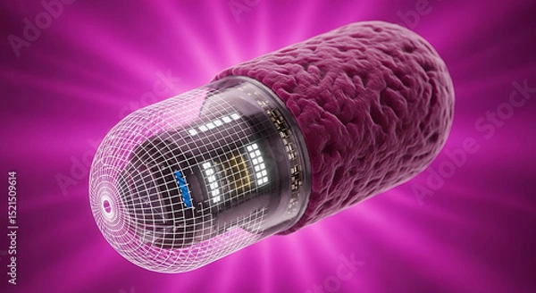 Fototapeta Next-gen hybrid object featuring multifunctional capsule-shaped device with embedded sensor grid