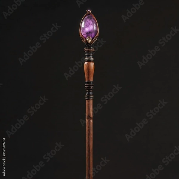 Fototapeta Fantasy wooden magic staves with glowing purple crystals, brown and violet palette, ideal for game design and fantasy design