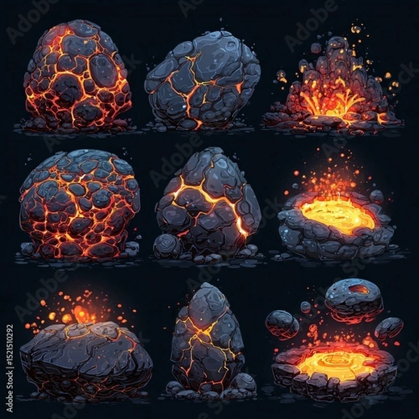 Fototapeta Set of stylized volcanic rocks and lava pools in glowing orange, yellow, and dark gray colors, perfect for game or animation design