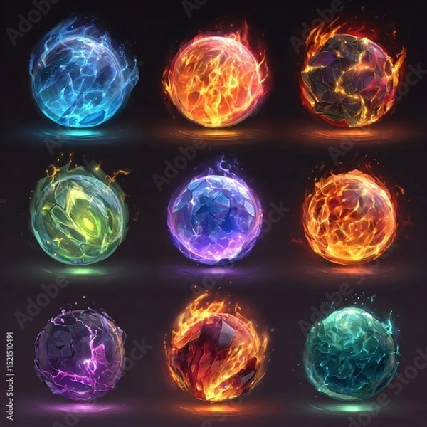 Fototapeta Set of glowing elemental spheres with fire, water, earth, and ice effects in vivid blue, orange, green, and red tones for game design