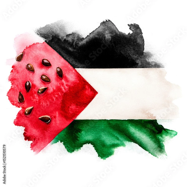 Fototapeta Palestine flag painted in watercolor with a watermelon effect on the red triangle. Watercolor painting of palestine flag with red triangle black stripe white stripe and green stripe created.