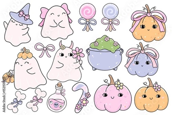 Obraz Cute Halloween Ghost Clipart
.Pastel Witchy Pumpkin Set
.Adorable Spooky Bow Elements
.Whimsical Halloween Candy Pack