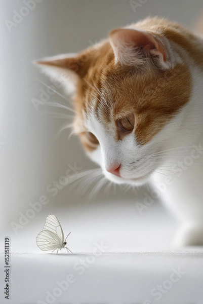 Fototapeta curious cat gazing intently at delicate butterfly resting on pristine white surface