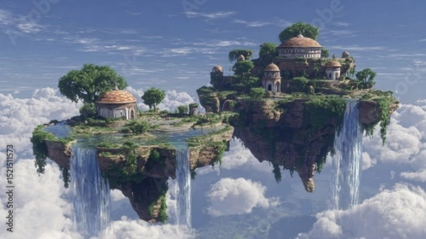 Fototapeta Ancient floating islands with lush greenery, waterfalls, and fantasy architecture above clouds, vibrant blue and green palette. Computer game asset