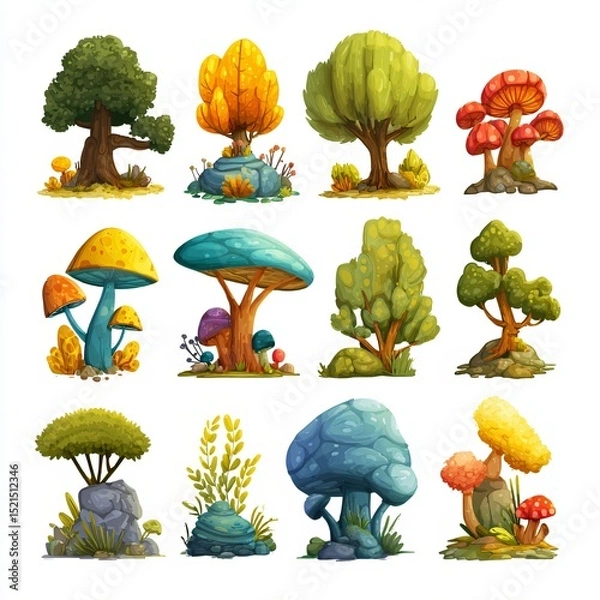 Fototapeta Set of stylized fantasy trees, rocks, and mushrooms in vibrant autumn and spring colors, perfect for game, animation, or illustration design