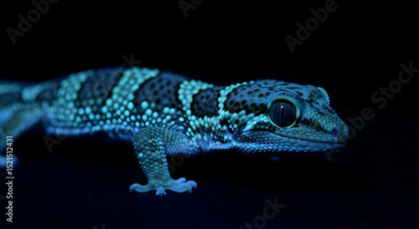 Fototapeta Portrait Of A Vibrant Gecko Glowing Under Ultraviolet Light On Black Surface