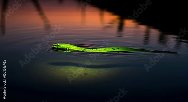 Fototapeta Emerald Serpent Drifting Elegantly Across A Twilight Reflective Water Surface