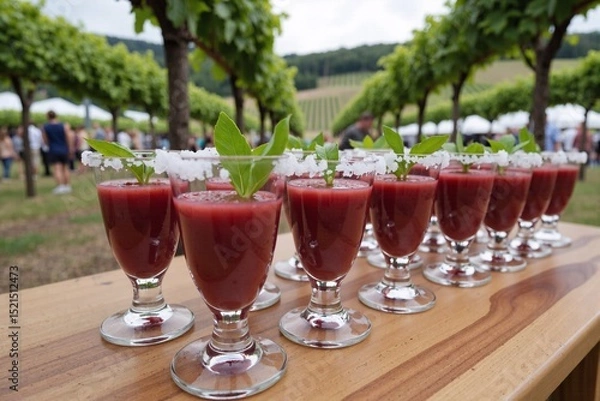 Fototapeta long row of vibrant red smoothies, garnished with fresh mint, is beautifully arranged on a wooden table for an outdoor event, with a lush vineyard providing a scenic country backdrop