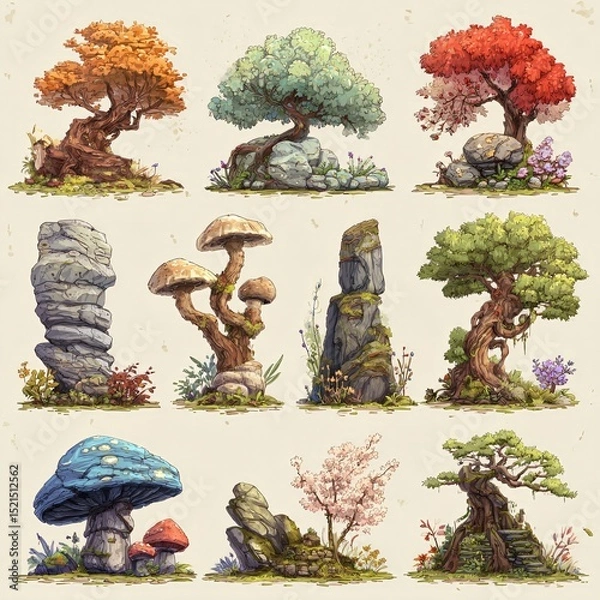 Fototapeta Set of stylized fantasy trees, rocks, and mushrooms in vibrant autumn and spring colors, perfect for game, animation, or illustration design