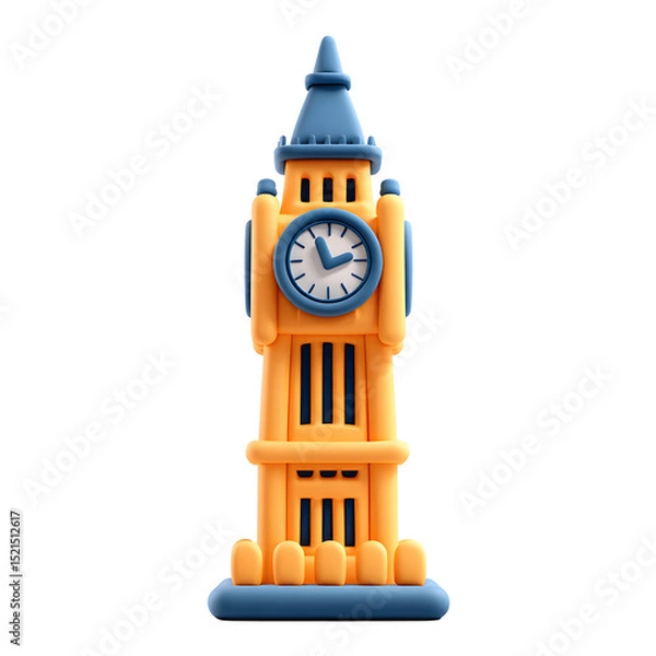 Fototapeta Stylized big ben clock tower 3d render illustration against transparent background