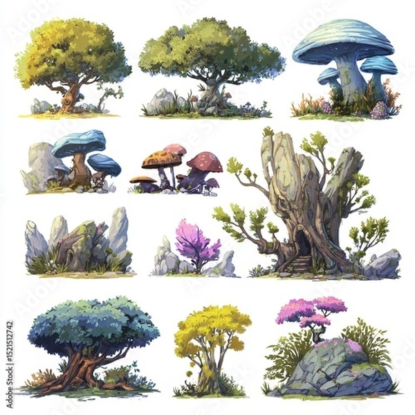 Fototapeta Set of stylized fantasy trees, rocks, and mushrooms in vibrant autumn and spring colors, perfect for game, animation, or illustration design