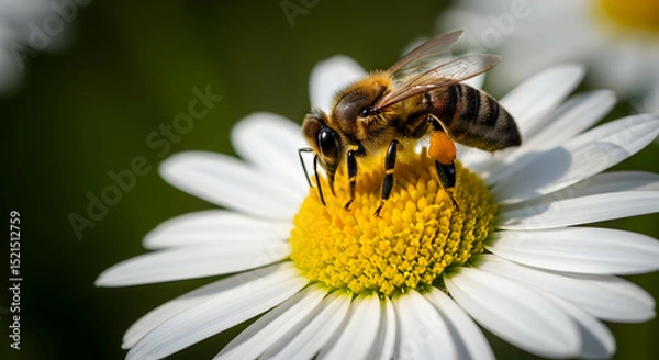Fototapeta Honeybee Gathering Nectar From a Fresh Daisy Flower in Early Springtime