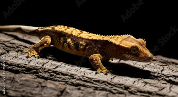 Fototapeta Creepy Crested Gecko Resting Calmly On A Branch In Dramatic Light