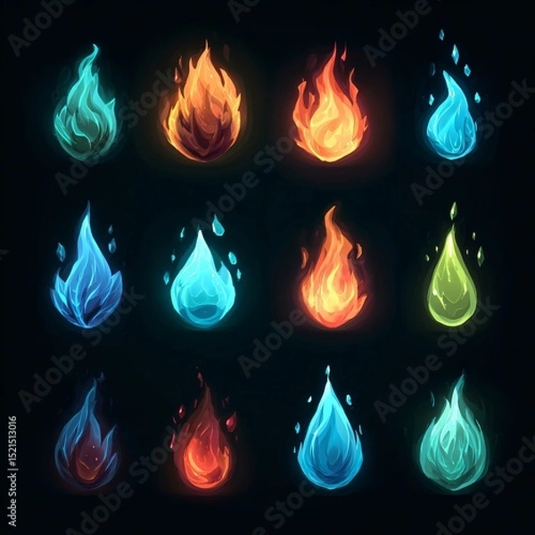 Fototapeta Set of glowing elemental icons with fire, water, ice, and crystal effects, in vibrant blue, orange, and purple colors, ideal for game UI