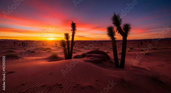 Fototapeta Desert Landscape With Joshua Trees Silhouettes Against Striking Colorful Sky